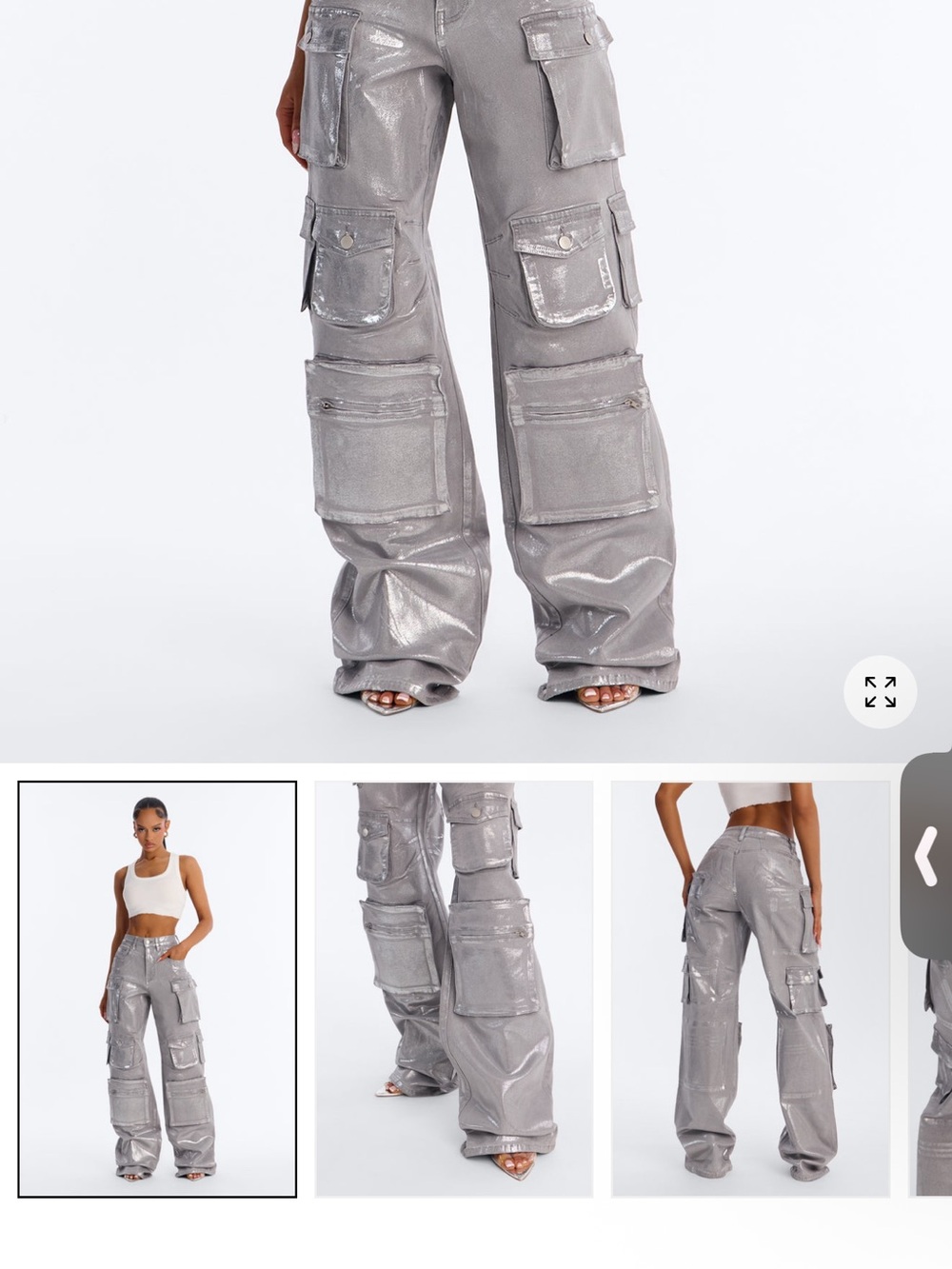 Fashion Nova Metallic Silver Wide-Leg Cargo Pants